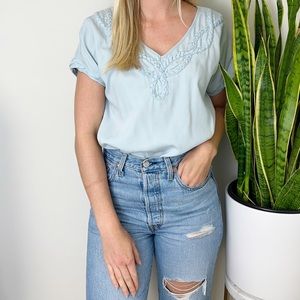 Soft Surroundings Tencel T-Shirt Light Blur Embroidered Neckline XS